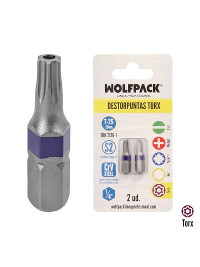 Puntas Destornillador Torx 25 Inviolable (2 Piezas). Acero S2 al Cromo Vanadio. Puntas Hexagonales, Destorpuntas,