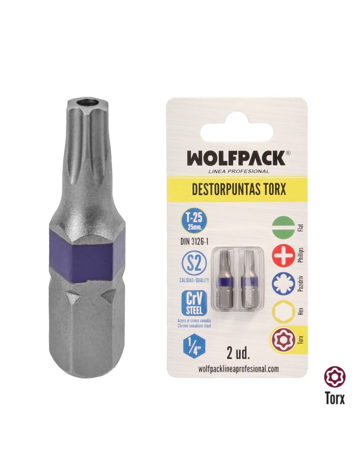 Puntas Destornillador Torx 25 Inviolable (2 Piezas). Acero S2 al Cromo Vanadio. Puntas Hexagonales, Destorpuntas,