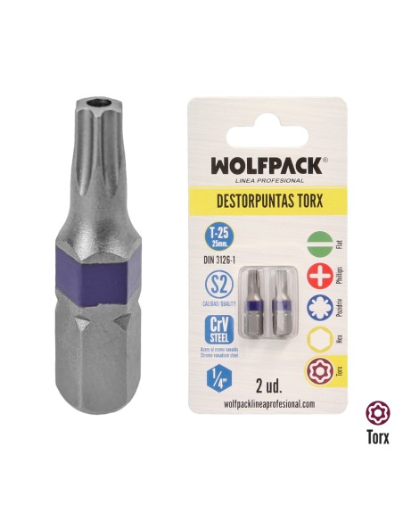 Puntas Destornillador Torx 25 Inviolable (2 Piezas). Acero S2 al Cromo Vanadio. Puntas Hexagonales, Destorpuntas,