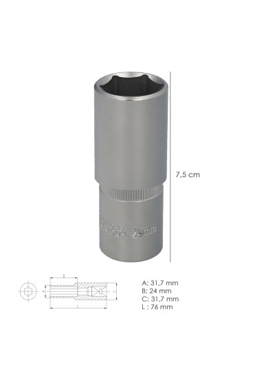 Llave Vaso 1/2" Hexagonal Larga 24 mm. Perfil de 6 caras. Acero Cromo Vanadio, Aristas Redondas