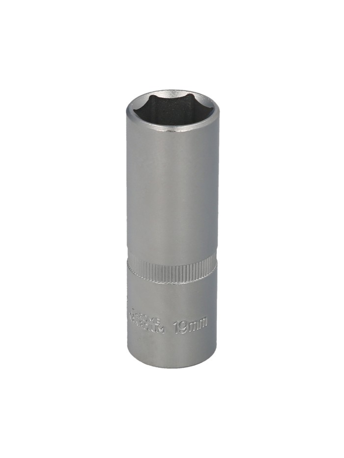 Llave Vaso 1/2" Hexagonal Larga 19 mm. Perfil de 6 caras. Acero Cromo Vanadio, Aristas Redondas