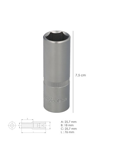 Llave Vaso 1/2" Hexagonal Larga 19 mm. Perfil de 6 caras. Acero Cromo Vanadio, Aristas Redondas