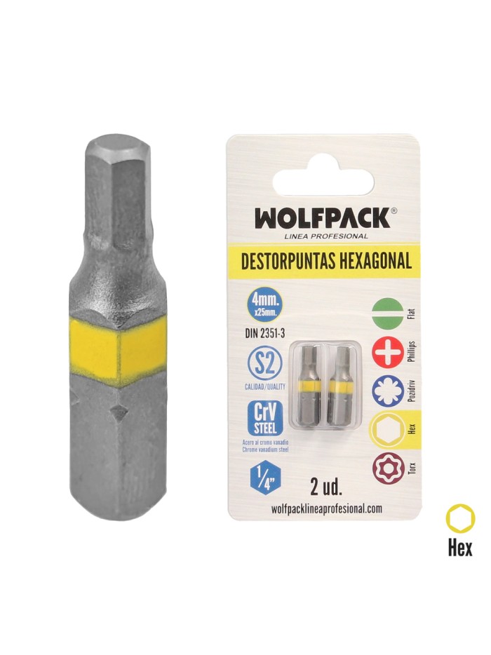 Puntas Destornillador Hexagonal 4,0 mm. (2 Piezas). Acero S2 al Cromo Vanadio. Puntas Hexagonales, Destorpuntas,