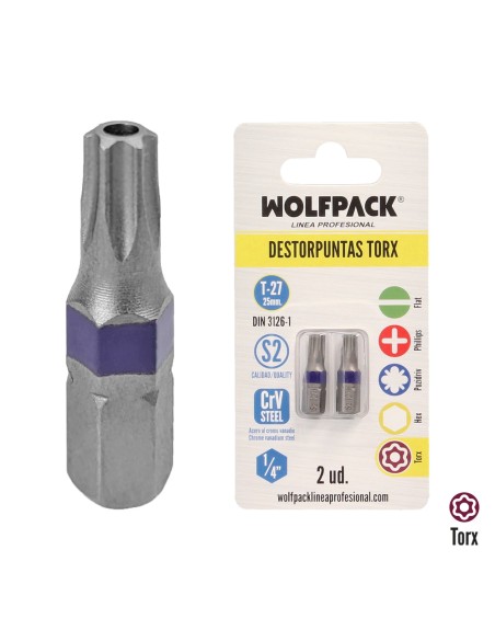 Puntas Destornillador Torx 27 Inviolable (2 Piezas). Acero S2 al Cromo Vanadio. Puntas Hexagonales, Destorpuntas,