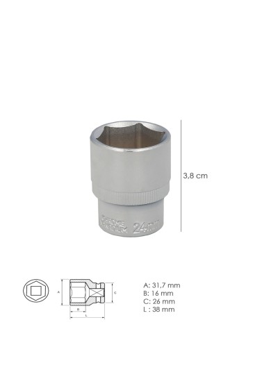 Llave Vaso 1/2" Hexagonal 24 mm. Perfil de 6 caras. Acero Cromo Vanadio, Aristas Redondas