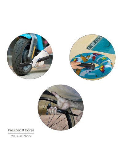 Bomba Para Bicicletas, Inflador Para Bicicleta, Bomba Patinete. Valvulas Schrader, Dunlop y Presta 8 Bares, Con soporte Bici