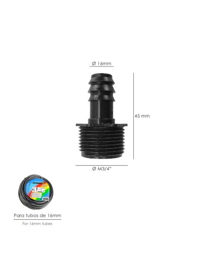 Union Rosca Macho 3/4" A Toma Para Tuberias Goteo Ø 16 mm. (Bolsa 100 uds) Riego Por Goteo, Microaspersión, Riego Nebulizacion