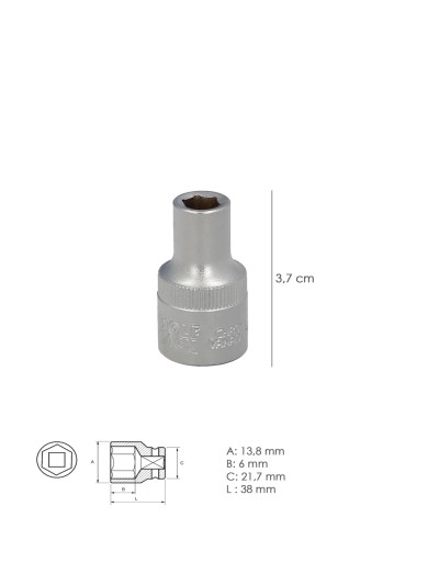 Llave Vaso 1/2" Hexagonal 8 mm. Perfil de 6 caras. Acero Cromo Vanadio, Aristas Redondas
