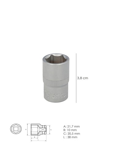 Llave Vaso 1/2" Hexagonal 15 mm. Perfil de 6 caras. Acero Cromo Vanadio, Aristas Redondas