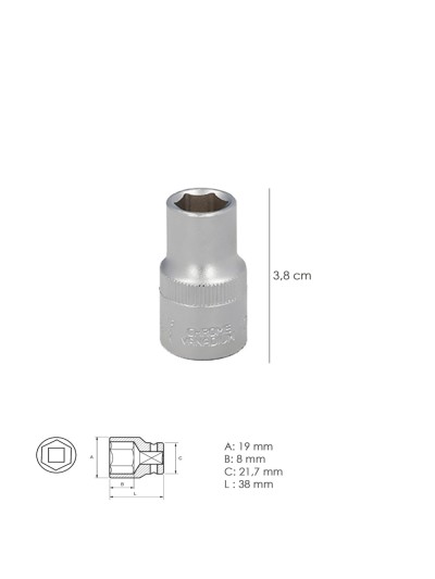 Llave Vaso 1/2" Hexagonal 13 mm. Perfil de 6 caras. Acero Cromo Vanadio, Aristas Redondas