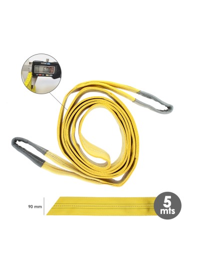 Eslinga Plana Doble Banda 3.000 Kg. Factor Seguridad 7:1, Longitud: 5 Metros Ancho 9 cm. 100% Poliester. Color Amarilla