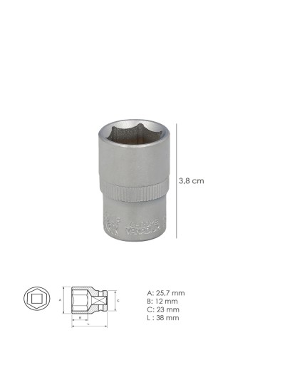 Llave Vaso 1/2" Hexagonal 19 mm. Perfil de 6 caras. Acero Cromo Vanadio, Aristas Redondas