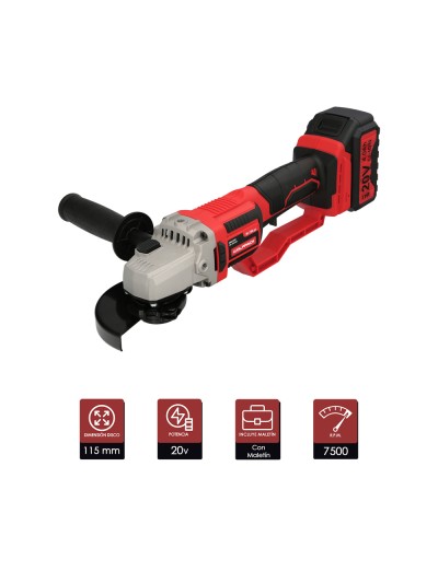 Amoladora A Bateria 20 Volt. Con Bateria 4.0 Ah. Ø 115 mm. 7.000 R.P.M. Mango 3 Posiciones Eje M14 Protector Disco Ajustable