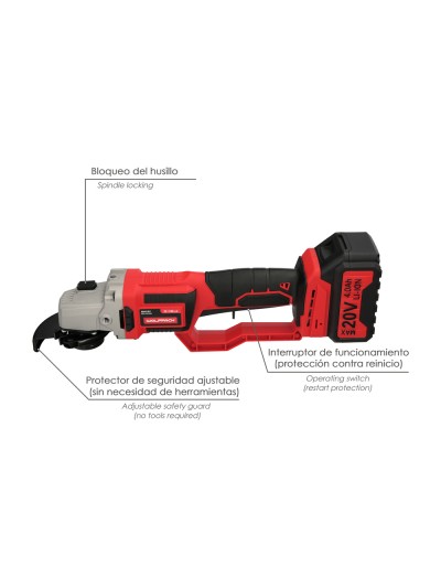 Amoladora A Bateria 20 Volt. Con Bateria 4.0 Ah. Ø 115 mm. 7.000 R.P.M. Mango 3 Posiciones Eje M14 Protector Disco Ajustable