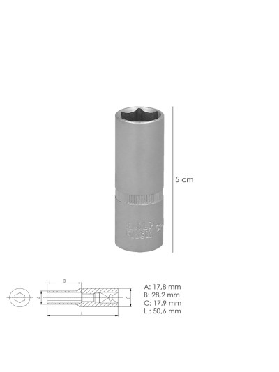 Llave Vaso 1/4" Hexagonal Larga 13 mm. Perfil de 6 caras. Acero Cromo Vanadio, Aristas Redondas