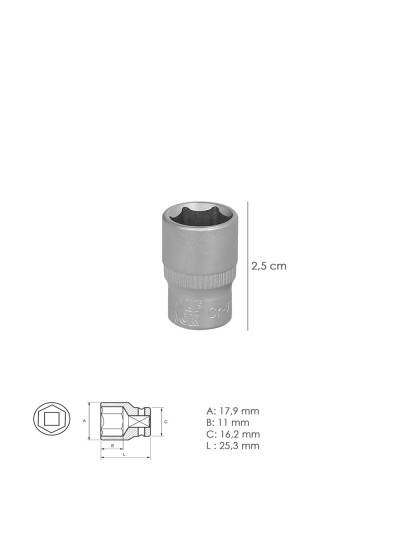 Llave Vaso 1/4" Hexagonal 13 mm. Perfil de 6 caras. Acero Cromo Vanadio, Aristas Redondas