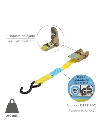 Cinta De Amarre Con Ratchet 4 metros x 25 mm. Trinquete Metalico Automatico, Cincha, Eslinga Mercancia, Correa Sujeción (Pack 2)
