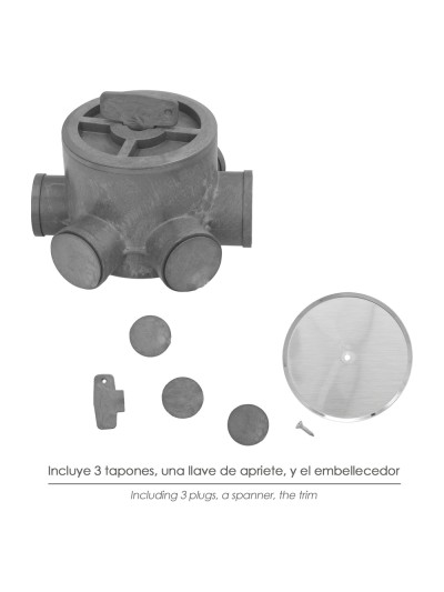 Bote Sifónico PVC Tuberias Ø 110 mm. Salidas Ø 50 y 40 mm. Altura 105 mm.