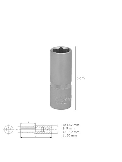 Llave Vaso 1/4" Hexagonal Larga 10 mm. Perfil de 6 caras. Acero Cromo Vanadio, Aristas Redondas