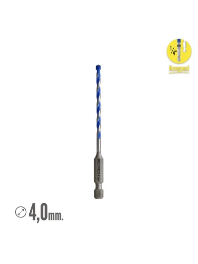 Broca Universal Hexagonal  Ø 4,0 mm. (Blister 1 Pieza) Broca Azulejos, Cerámica, Mármol, Hormigón, Metal, Madera, Plástico