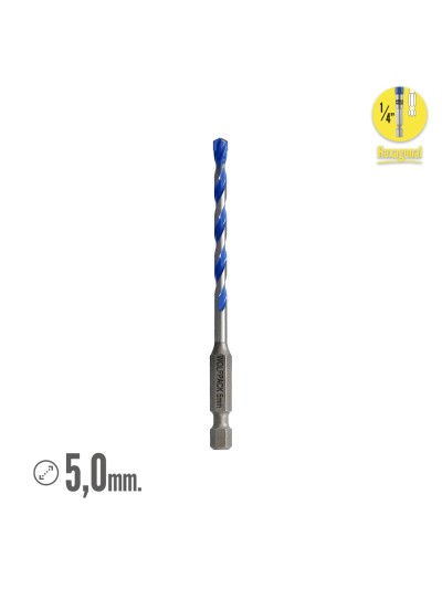 Broca Universal Hexagonal  Ø 5,0 mm. (Blister 1 Pieza) Broca Azulejos, Cerámica, Mármol, Hormigón, Metal, Madera, Plástico