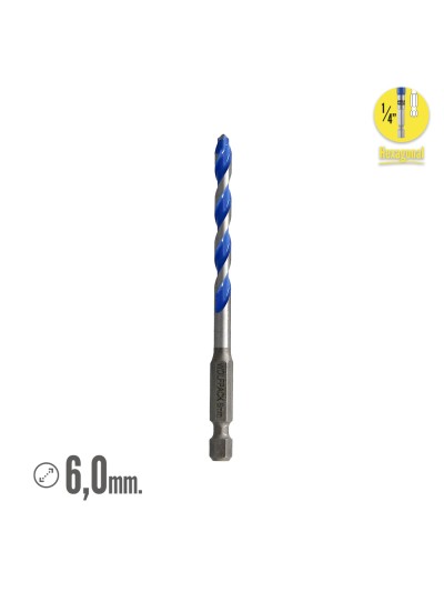 Broca Universal Hexagonal  Ø 6,0 mm. (Blister 1 Pieza) Broca Azulejos, Cerámica, Mármol, Hormigón, Metal, Madera, Plástico