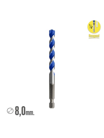 Broca Universal Hexagonal  Ø 8,0 mm. (Blister 1 Pieza) Broca Azulejos, Cerámica, Mármol, Hormigón, Metal, Madera, Plástico