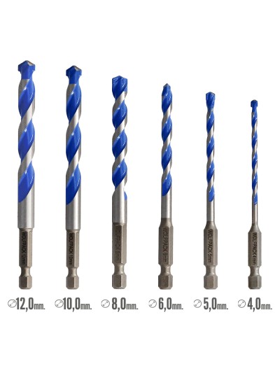 Estuche 5 Brocas Universal Hexagonal  Ø 4 / 5 / 6 / 8 10 mm. Broca Azulejos, Cerámica, Mármol, Hormigón, Metal, Madera, Plástico