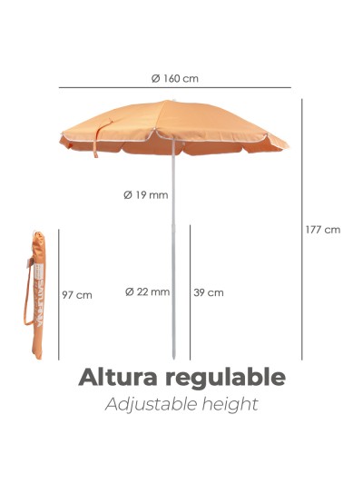 Sombrilla Playa Acero / Poliester Ø 160 cm. Naranja . Varillas Fibra De Vidrio.