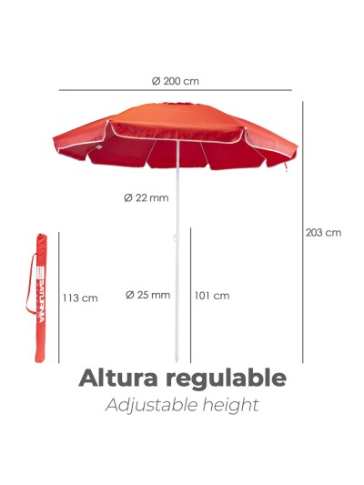 Sombrilla Playa Acero / Poliester Ø 200 cm. Rojo. Varillas Fibra De Vidrio. Sistema Antiviento.