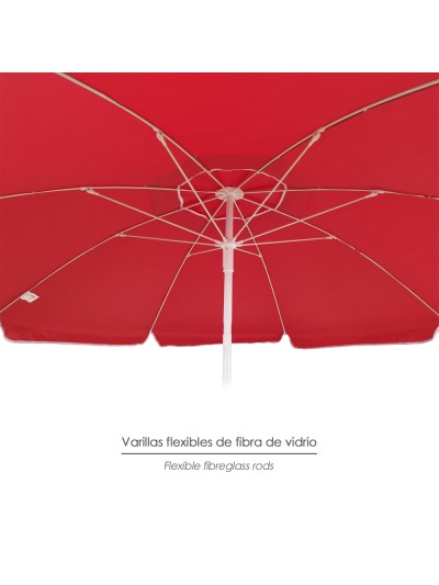 Sombrilla Playa Acero / Poliester Ø 200 cm. Rojo. Varillas Fibra De Vidrio. Sistema Antiviento.