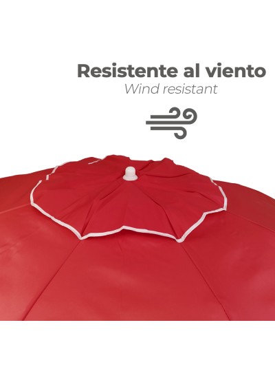 Sombrilla Playa Acero / Poliester Ø 200 cm. Rojo. Varillas Fibra De Vidrio. Sistema Antiviento.