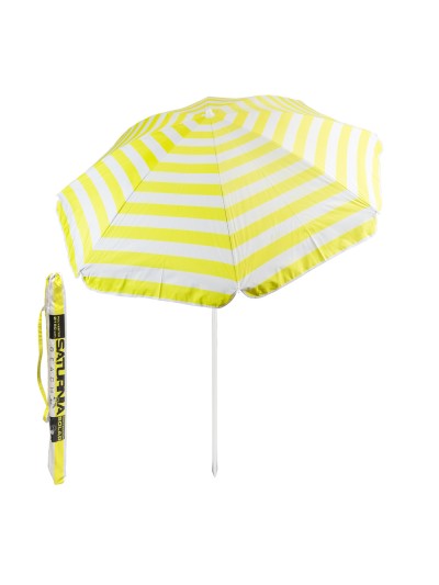 Sombrilla Playa Aluminio / Poliester Ø 180 cm. Amarilla y  Blanca. Varillas Fibra De Vidrio. Protección UV.