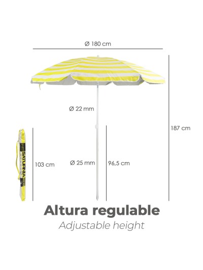 Sombrilla Playa Aluminio / Poliester Ø 180 cm. Amarilla y  Blanca. Varillas Fibra De Vidrio. Protección UV.