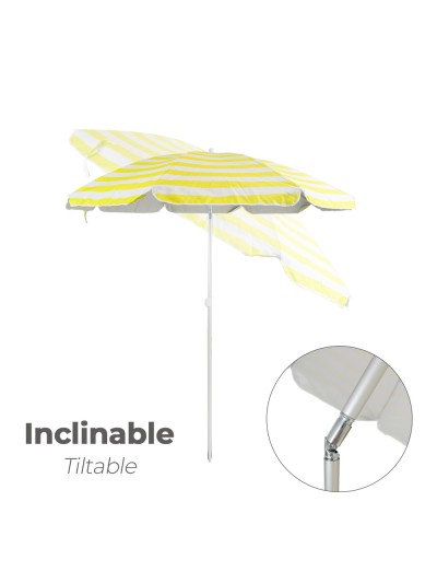 Sombrilla Playa Aluminio / Poliester Ø 180 cm. Amarilla y  Blanca. Varillas Fibra De Vidrio. Protección UV.
