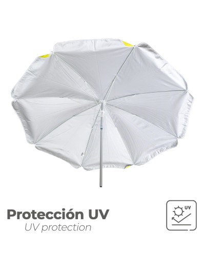 Sombrilla Playa Aluminio / Poliester Ø 180 cm. Amarilla y  Blanca. Varillas Fibra De Vidrio. Protección UV.