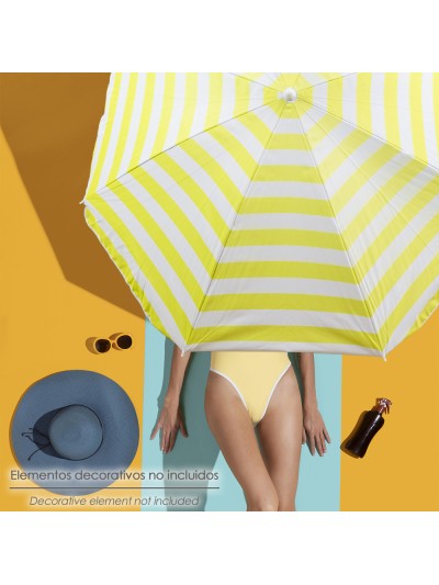 Sombrilla Playa Aluminio / Poliester Ø 180 cm. Amarilla y  Blanca. Varillas Fibra De Vidrio. Protección UV.