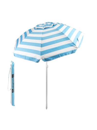 Sombrilla Playa Aluminio / Poliester Ø 200 cm. Azul y  Blanca. Varillas Fibra De Vidrio. Protección Uv. Sistema Antiviento.