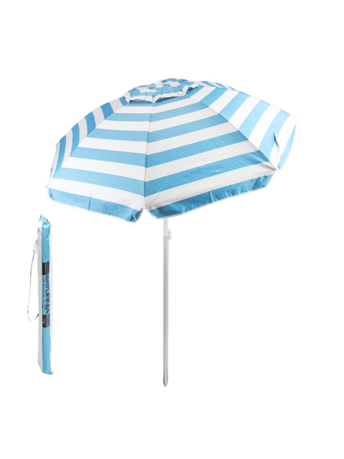 Sombrilla Playa Aluminio / Poliester Ø 200 cm. Azul y  Blanca. Varillas Fibra De Vidrio. Protección Uv. Sistema Antiviento.