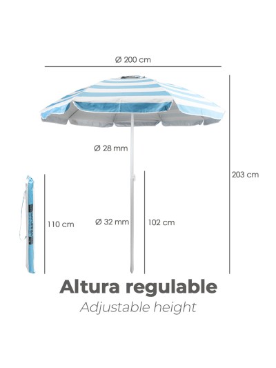 Sombrilla Playa Aluminio / Poliester Ø 200 cm. Azul y  Blanca. Varillas Fibra De Vidrio. Protección Uv. Sistema Antiviento.