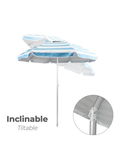Sombrilla Playa Aluminio / Poliester Ø 200 cm. Azul y  Blanca. Varillas Fibra De Vidrio. Protección Uv. Sistema Antiviento.