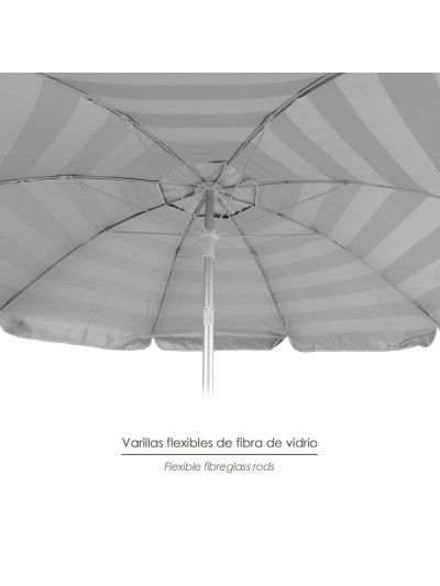 Sombrilla Playa Aluminio / Poliester Ø 200 cm. Azul y  Blanca. Varillas Fibra De Vidrio. Protección Uv. Sistema Antiviento.