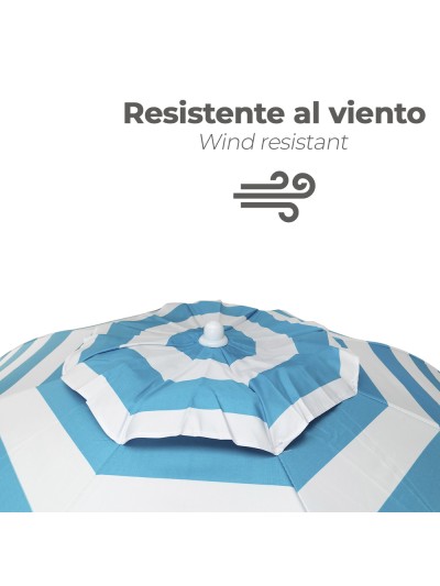 Sombrilla Playa Aluminio / Poliester Ø 200 cm. Azul y  Blanca. Varillas Fibra De Vidrio. Protección Uv. Sistema Antiviento.
