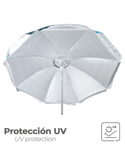 Sombrilla Playa Aluminio / Poliester Ø 200 cm. Azul y  Blanca. Varillas Fibra De Vidrio. Protección Uv. Sistema Antiviento.