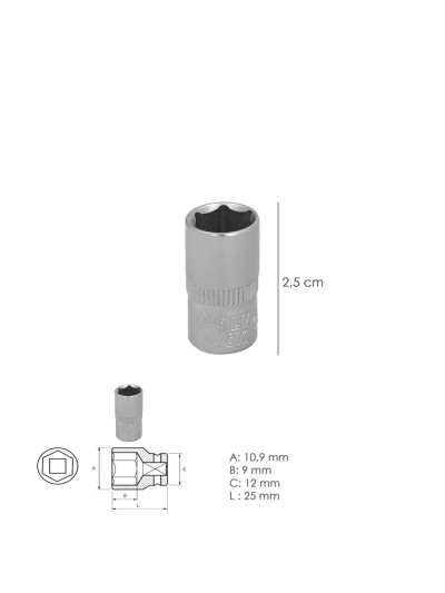 Llave Vaso 1/4" Hexagonal 7 mm. Perfil de 6 caras. Acero Cromo Vanadio, Aristas Redondas