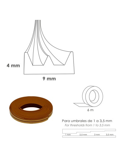 Burlete Caucho Marron Rollo 6 Metros. x 9 mm. Sellador Ventanas y Puertas. Aisla Del Ruido. Para Umbrales de 1 A 3,5 mm.