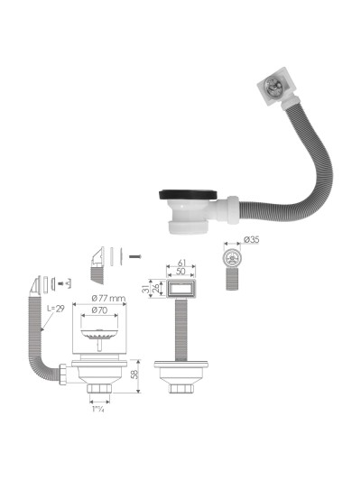 Valvula Fregadero  Ø70 mm. 1 1/2" Con Rebosadero