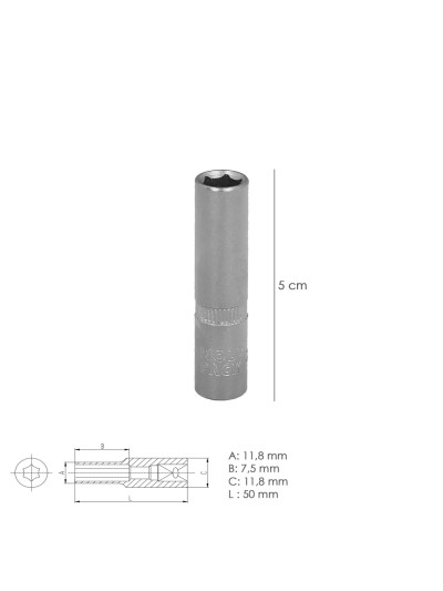 Llave Vaso 1/4" Hexagonal Larga 8 mm. Perfil de 6 caras. Acero Cromo Vanadio, Aristas Redondas