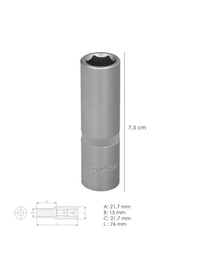 Llave Vaso 1/2" Hexagonal Larga 14 mm. Perfil de 6 caras. Acero Cromo Vanadio, Aristas Redondas