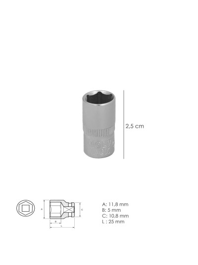 Llave Vaso 1/4" Hexagonal 8 mm. Perfil de 6 caras. Acero Cromo Vanadio, Aristas Redondas
